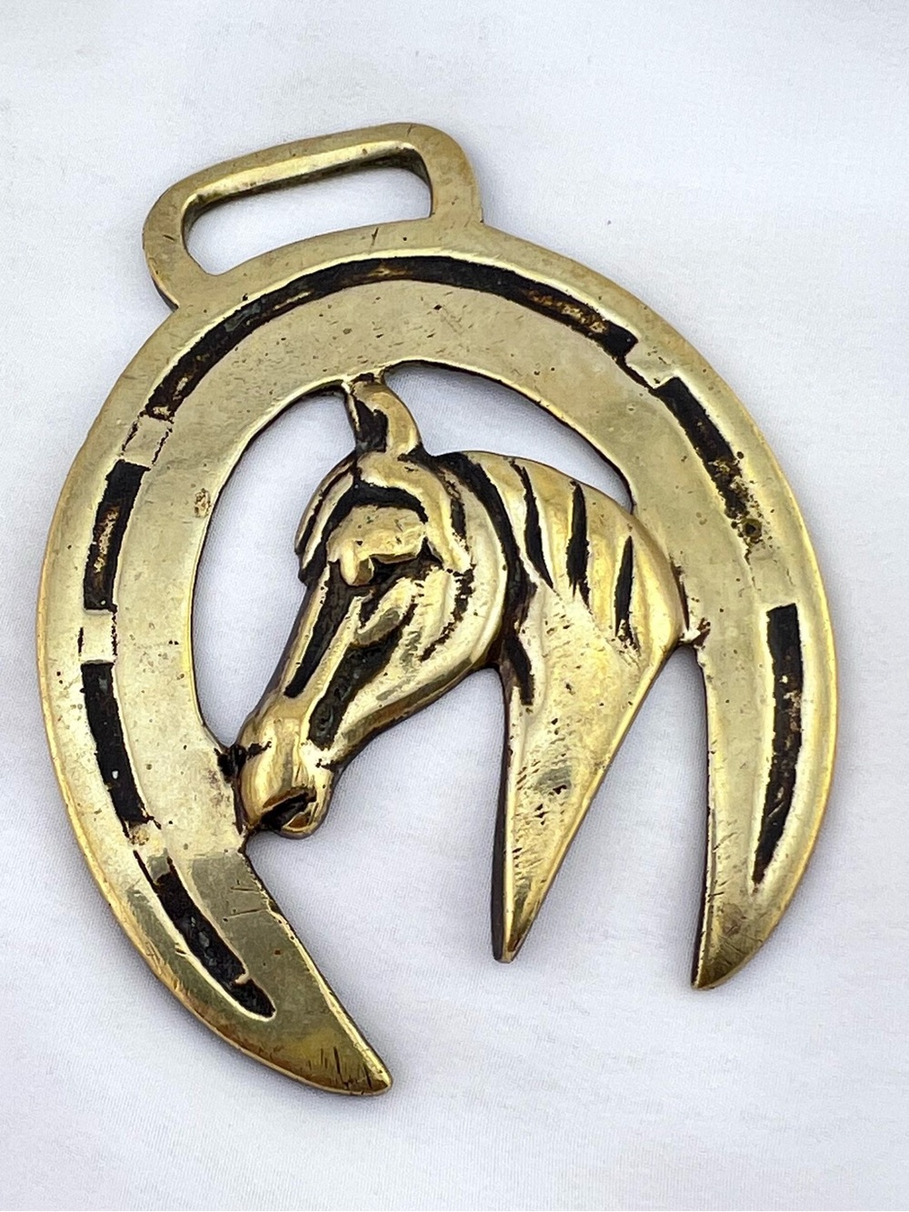 Brass Horse Medallion Antique Mare Filly Quarter Horseshoe Head Parade Harness